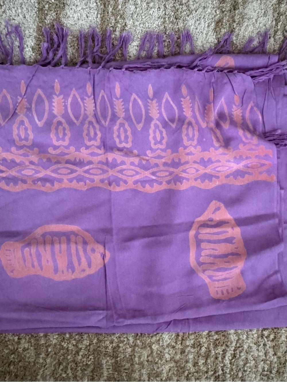 Purple Pink Patterned Fish Fringe Scarf Sarong Bathing Suit Cover up Pool Beach